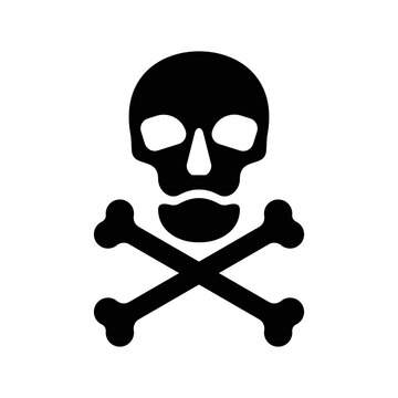 Silhouette human skull in full face and crossbones. Isolated illustration in flat style on white background. Poison sign and symbol for design. An image of danger to humans. Icon of hazard to life