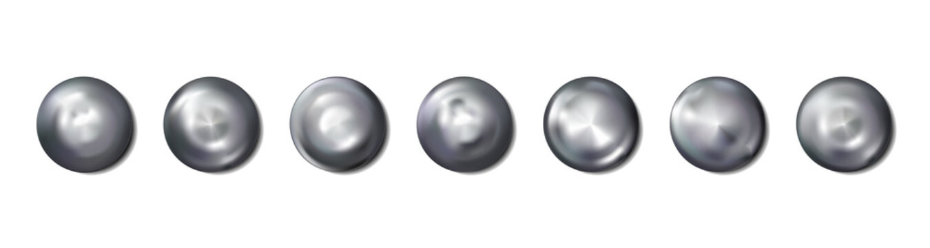 Realistic Construction rivets heads metal set isolated on white background. Shiny caps. In surface top view of wide a hats metalwares. Vector illustration