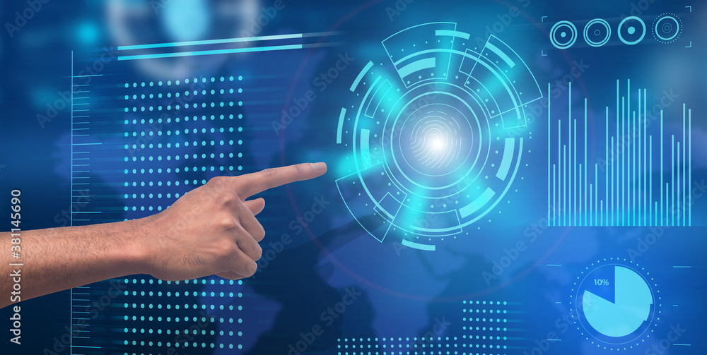 Poster Modern Technologies. Hand pushing virtual button with fingerprint icon on digital touchscreen