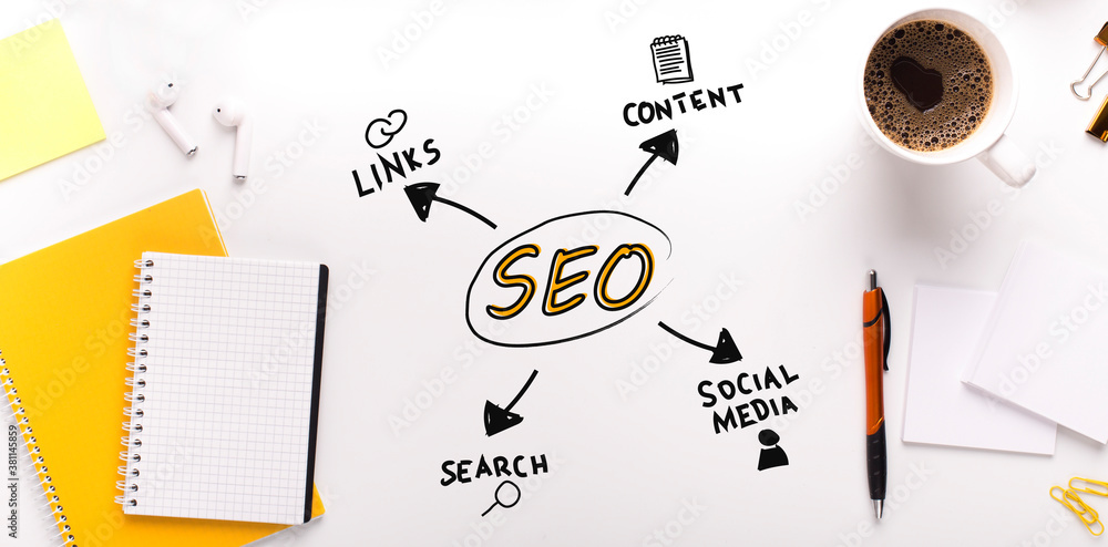 Poster seo-optimization collage with word seo and scheme over white background