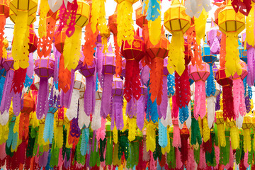 background, colorful lanterns hanging on the rope.
lantern festival decorated in Thailand.