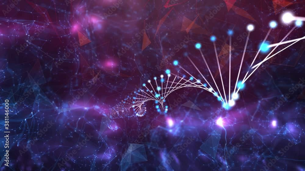 Poster abstract digital rotating dna molecule on futuristic glowy copy space background.