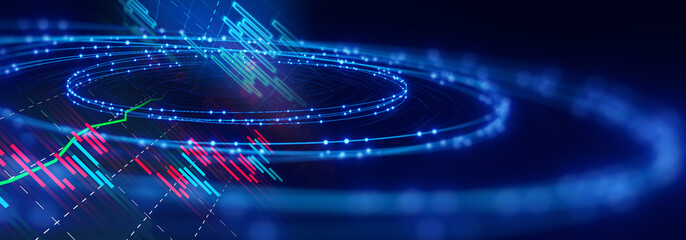 banner of stock market investment graph with indicator and volume data.