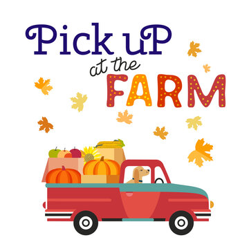 Red Farm truck with pumpkins flat color vector