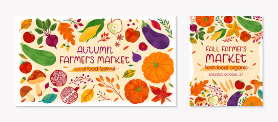 Bundle of autumn farmers market banners with pumpkins,mushrooms,eggplant,apple,zucchini,tomatoes,corn,beet,berries and floral elements.Local food fest design.Agricultural fair.Harvest season.