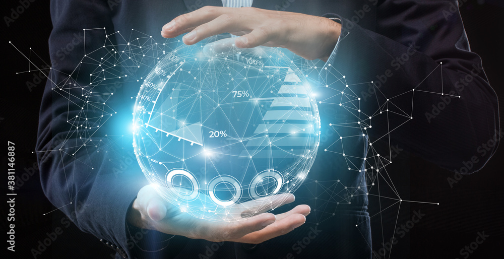Poster modern business technologies. businessman holding globe hologram with graphs and charts