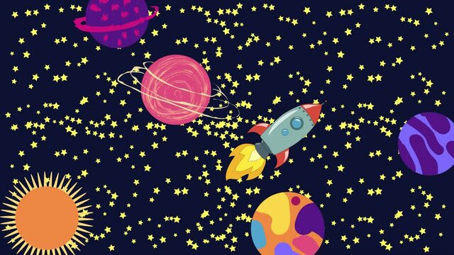 Cartoon Space. Cartoon rocket flies in outer space past the suspended planets, satellites and other objects. Flat loopback animation.