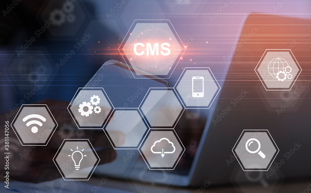 Poster system administrator using smartphone and laptop for content management strategy, collage with cms b