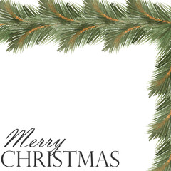 Watercolor hand painted nature winter holiday corner frame with green fir branches composition and merry christmas text on the white background for invite and greeting card with the space for text