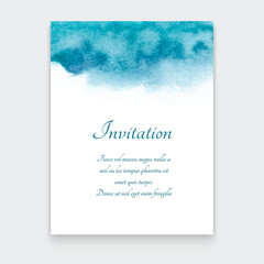 Hand painted watercolor texture of overcast sky. Abstract blue splash on white background. Wedding invitation or greeting card template. Place for text. 