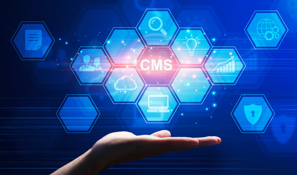 CMS pictograms over male hand, collage. Content management system, social media administration, webpage optimization