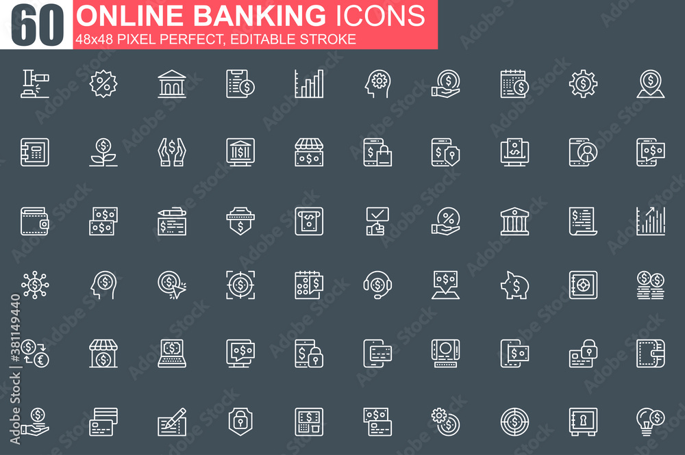 Leinwandbilder Online banking thin line icon set. Credit card payment outline pictograms for website and mobile app GUI. Financial services simple UI, UX. Grid 48x48 pixel perfect linear vector icons pack.