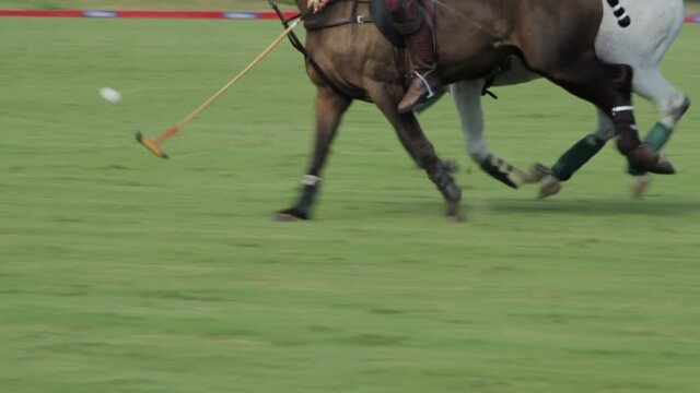 Two polo players in pursuit of a goal