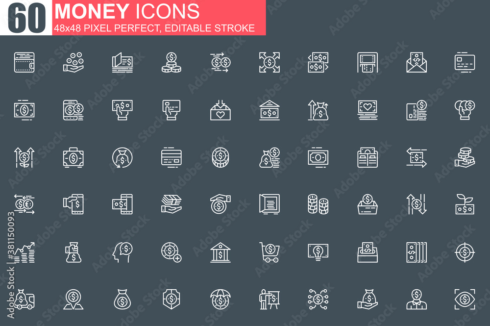Aufkleber Money thin line icon set. Money management and saving outline pictograms for website and mobile app GUI. Capital investment simple UI, UX. Grid 48x48 pixel perfect linear vector icons pack.