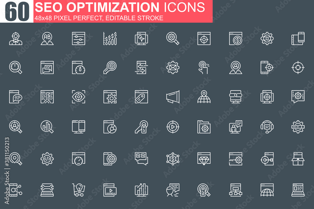 Poster seo optimization thin line icon set. web analytics outline pictograms for website and mobile app gui