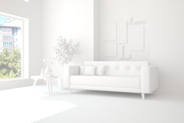 White minimalist living room with sofa. Scandinavian interior design. 3D illustration
