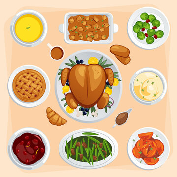 Set of Thanksgiving food  illustration. Roasted turkey, butternut soup, sweet pie, mashed potato, stuffing, brussels sprout, cranberry sauce, bread