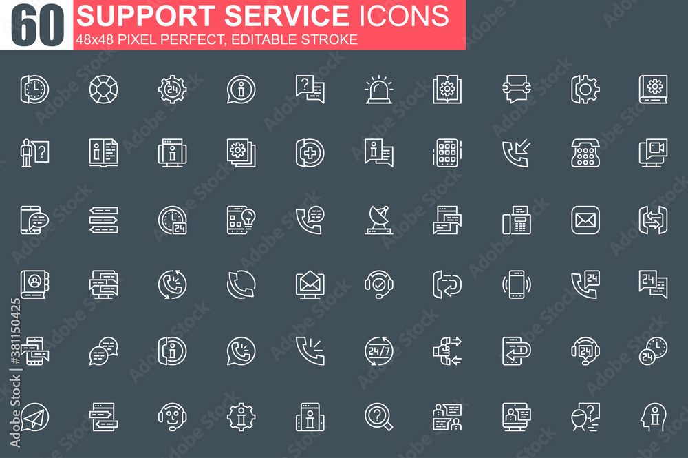 Poster Support service thin line icon set. Customer support, hotline consultation outline pictograms for web and mobile app. Call center simple UI, UX. Grid 48x48 pixel perfect linear vector icons pack.