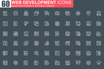 Web development thin line icon set. Application programming outline pictograms for web and mobile app GUI. Software development simple UI, UX. Grid 48x48 pixel perfect linear vector icons pack.
