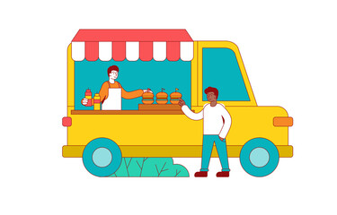 Street retail concept. Man buying a burger in a Food truck. Flat vector illustration.