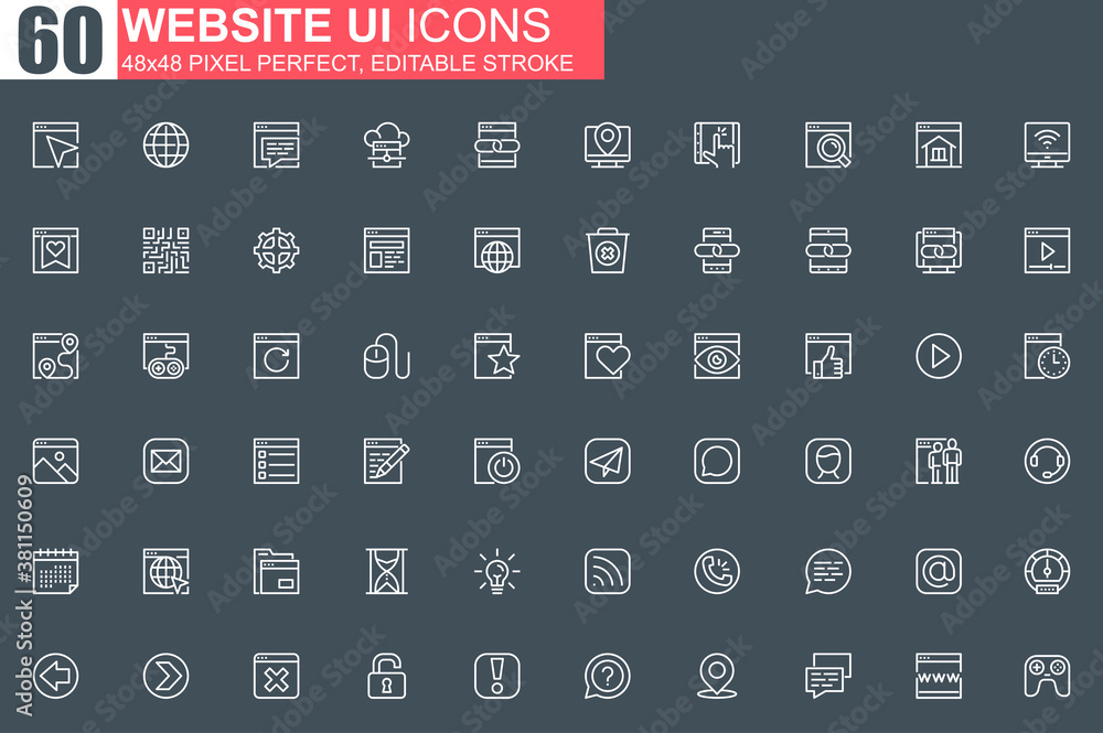Fototapete Website UI thin line icon set. User menu and interface navigation outline pictograms for web and mobile app. Management and messaging simple. Grid 48x48 pixel perfect linear vector icons pack.