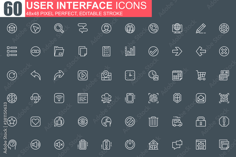 Aufkleber user interface thin line icon set. organization and management outline pictograms for website and mo