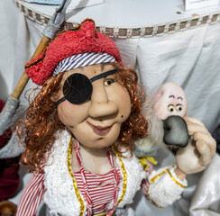 vintage doll mockup fairytale character cheerful woman pirate with eye patch
