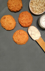 Top view of healthy homemade oatmeal cookies with copy space
