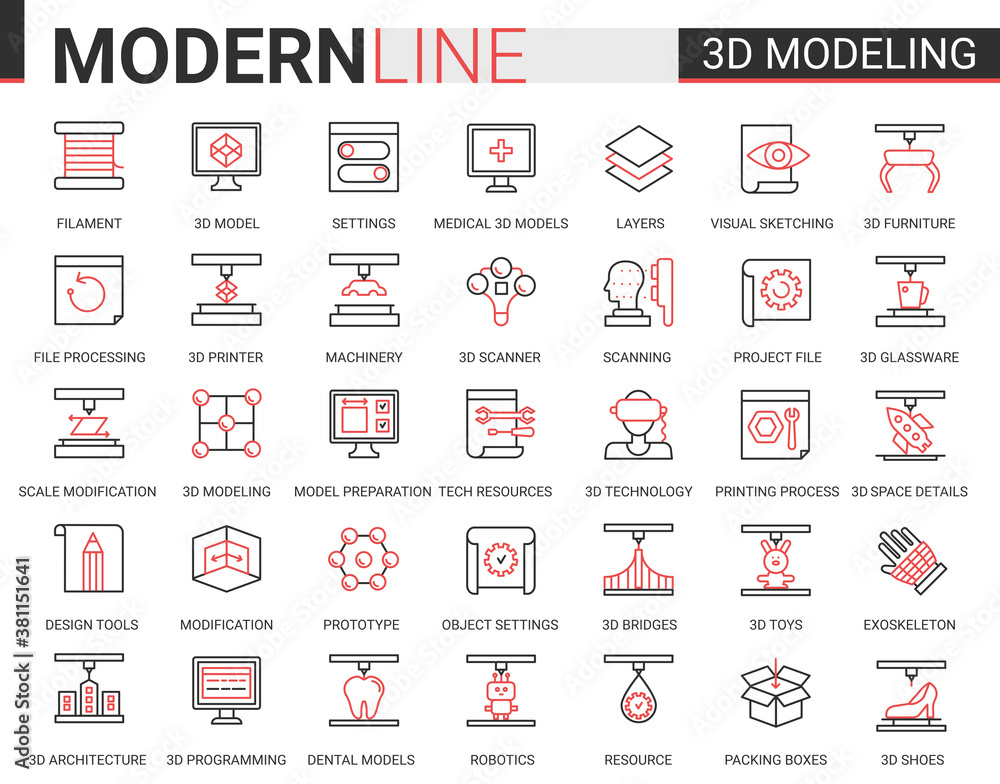 Poster 3d printing science technology flat web icon vector illustration set. red black thin line creative d