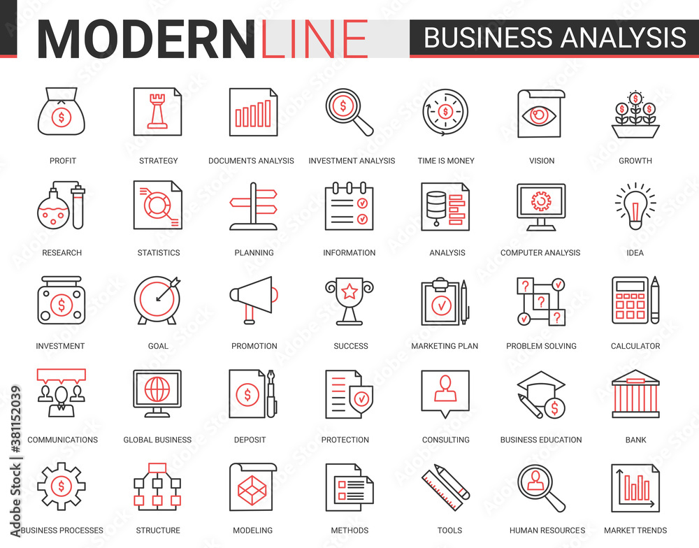 Poster Business analytics flat thin red black line icons vector illustration set, businessman analyst tools for digital analyzing stock market information, consulting strategy outline web symbols collection