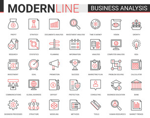 Business analytics flat thin red black line icons vector illustration set, businessman analyst tools for digital analyzing stock market information, consulting strategy outline web symbols collection