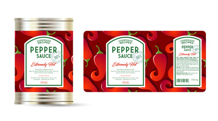 Pepper Sauce Extreme Hot label and packaging. Can with label. Text in frames on seamless pattern with ripe peppers.
