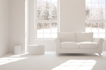 Mock up of stylish room in white color with sofa and winter landscape in window. Scandinavian interior design. 3D illustration