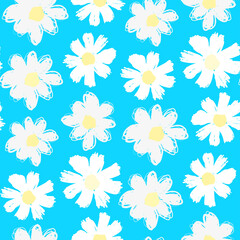 Fototapeta na wymiar Beautiful white chamomile flowers isolated on blue background. Cute seamless pattern. Ink colored drawing. Vector flat graphic hand drawn illustration. Texture.