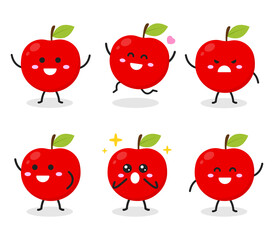 Collection of cute apple character in various poses isolated on white background. Funny fruit cartoon. Flat vector graphic design illustration for infographic, children's book, and farm concept.
