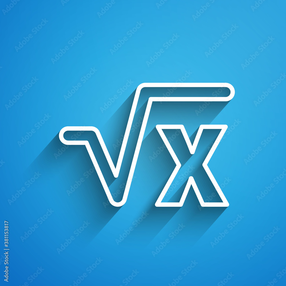 Poster white line square root of x glyph icon isolated on blue background. mathematical expression. long sh