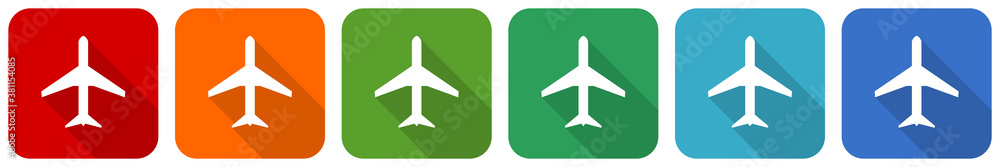 Poster Plane, flight, airplane icon set, flat design vector illustration in 6 colors options for webdesign and mobile applications
