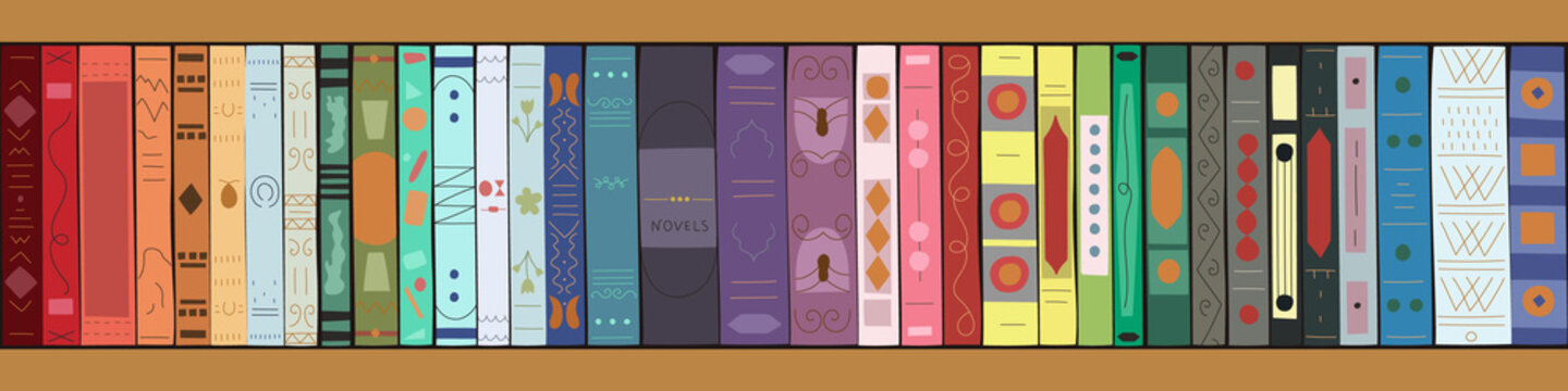 Wooden bookcase with books. Bookshelves with multicolored books. Illustration in flat style. Horizontal banner