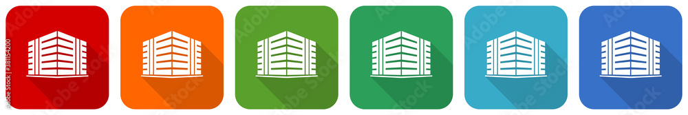 Poster office building icon set, flat design vector illustration in 6 colors options for webdesign and mobi