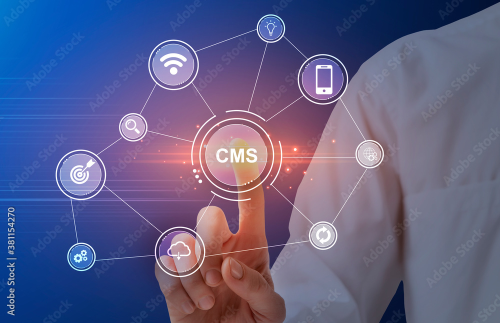 Poster Content management system concept. IT administrator pressing CMS button on vrtual screen with computer icons. Collage