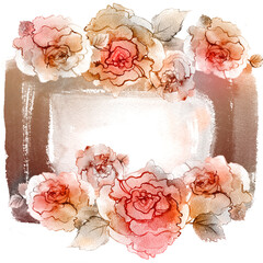 Vintage background with roses. Hand-painted floral frame - 381155023