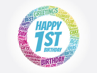 Happy 1st birthday word cloud, holiday concept background