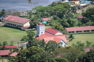Catholic church in a village from a bird's eye view on the island of Taveuni in the Fiji archipelago