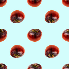 Close up view of pattern of ripe red tomato isolated on blue background. Organic vegetables concept.