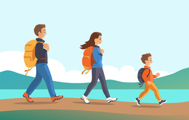 Happy family travels with backpacks in nature. Father, mother and son are walking along the road along the lake. Vector cartoon illustration.