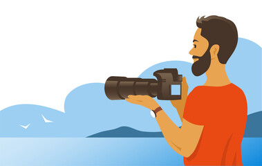 Fototapeta na wymiar Young man with a camera in nature. Tourist on the background of a beautiful landscape with the sea and mountains. Vector character illustration with place for text.