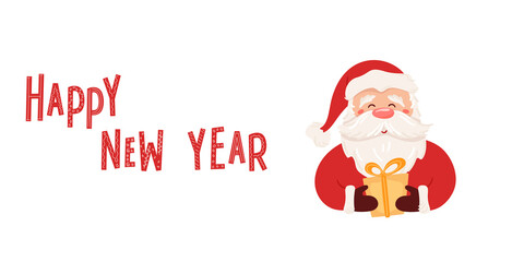 Santa Claus holding a gift box. Happy New Year banner with hand drawn text. Smiling Christmas character isolated on white background. Greeting card. Vector illustration.