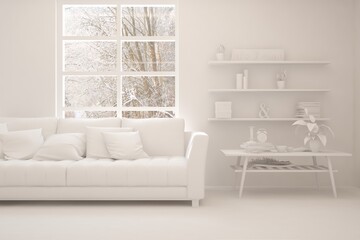 Mock up of stylish room in white color with sofa and winter landscape in window. Scandinavian interior design. 3D illustration