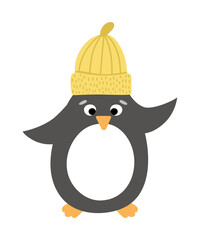 Vector penguin in yellow hat. Cute winter bird illustration. Funny Christmas card design. New Year print with smiling character.