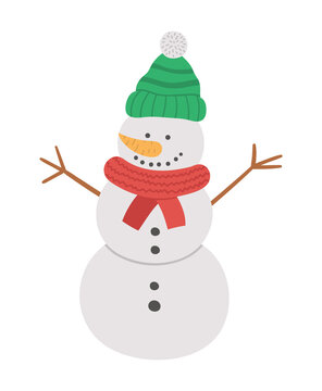 Vector cute snowman in hat and scarf isolated on white background. Cute winter character illustration. Funny Christmas card design. New Year icon.